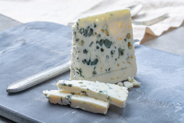 French blue cheese Roquefort, made from sheep milk in caves of Roquefort-sur-Soulzon