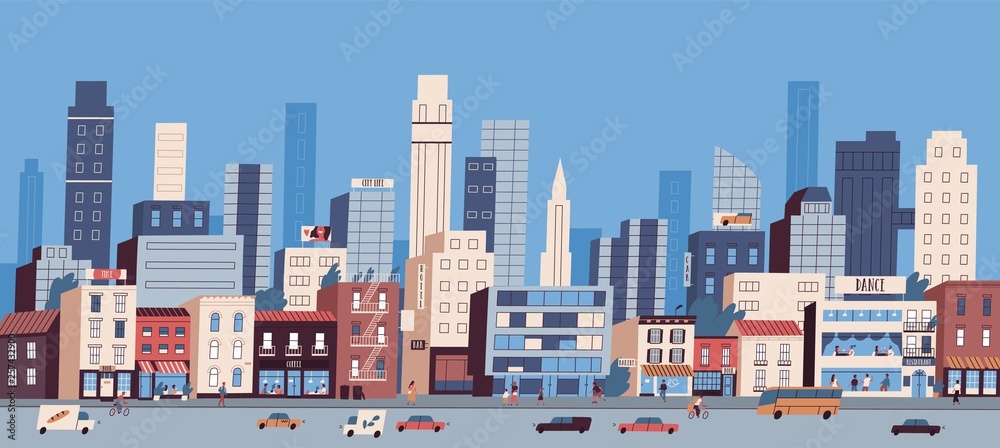 Urban landscape or cityscape with buildings, skyscrapers and transport riding along road. Big city life. Street view of modern residential area. Colorful vector illustration in flat cartoon style. - obrazy, fototapety, plakaty 