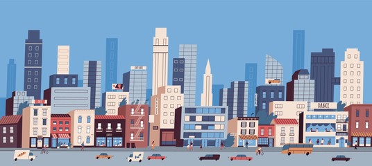 Fototapete - Urban landscape or cityscape with buildings, skyscrapers and transport riding along road. Big city life. Street view of modern residential area. Colorful vector illustration in flat cartoon style.