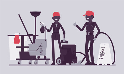 Janitors team working with professional tools. Workers in uniform employed to take care of building, apartment or office, janitorial equipment for cleaning. Vector illustration, faceless characters