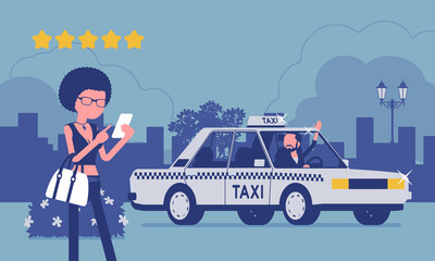 Wall Mural - Good car driver in taxi rating app system. Happy female passenger ranking with smartphone application, service, route, price, safety performance at five stars. Vector illustration, faceless characters