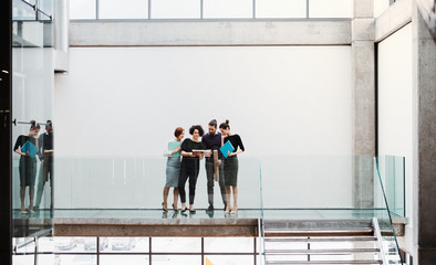 Wall Mural - Group of young businesspeople standing near a staircase, talking.