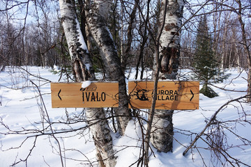 Finland; snowy landscape with signs  in the woods of Lapland