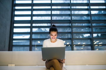 Wall Mural - Young student or businesswoman sitting on desk in room in a library or office, using laptop.