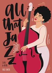 Wall Mural - Jazz music performance, concert or festival advertisement poster or flyer template with African American female musician playing double bass. Flat vector illustration in contemporary art style.