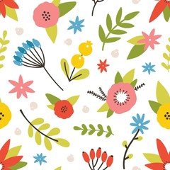 Poster - Floral seamless pattern with blooming meadow plants. Natural backdrop with flowers and berries on white background. Flat spring vector illustration for wrapping paper, textile print, wallpaper.