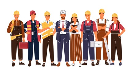 Aufkleber - Group portrait of cute happy industry or construction workers, engineers standing together. Team of smiling male and female employees wearing hard hats and uniform. Flat cartoon vector illustration.