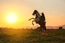 Cowboy And Horse  At First Light,mountain, River And Lifestyle With Natural Sunset Light Background