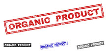 Grunge ORGANIC PRODUCT Rectangle Stamp Seals Isolated On A White Background. Rectangular Seals With Grunge Texture In Red, Blue, Black And Grey Colors.