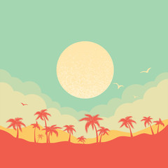Tropical island paradise background with palms silhouette and sky