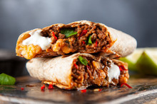 Mexican Burrito With Beef, Beans And Sour Cream