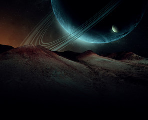 Wall Mural - alien landscape, strange planet rising in sci fi spatial landscape, planet with rings and moons (no NASA images used)