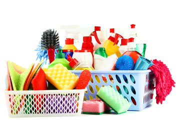 Wall Mural - Bottles with detergent and cleaning tools on white background