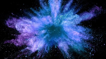 Super slowmotion shot of color powder explosion isolated on black background.