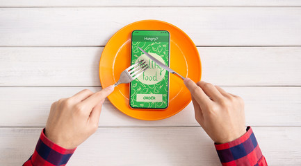Aufkleber - Male hand holding phone with app delivery food on screen