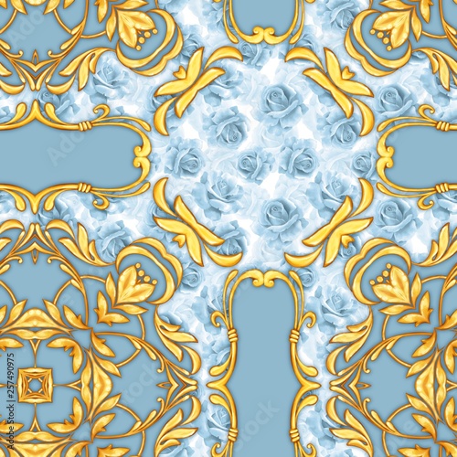 Seamless luxury pattern with blue roses and golden scrolls