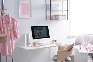 Poster - Comfortable workplace with computer on desk in home office