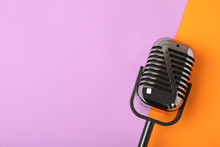 Retro Microphone On Color Background, Top View With Space For Text