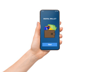 Poster - Woman holding smartphone with digital wallet application