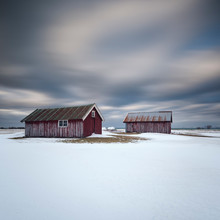 Two Red Farm Sheds In Winter Sky, Norway