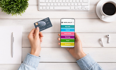 Poster - Woman using smartphone with digital wallet application and credit card