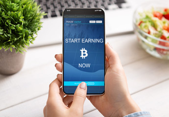 Poster - Woman using bitcoin earning application on smartphone
