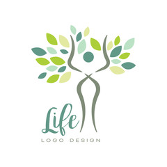 Poster - Healthy life logo with abstract human silhouette and green leaves. Flat vector emblem for yoga studio or wellness center. Natural and healthy living