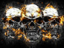Three Metal Vampire Skulls - Burning Fire And Flames