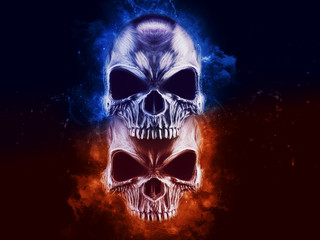 Two angry skulls - blue and orange smoke