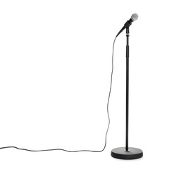 Stand with modern microphone on white background