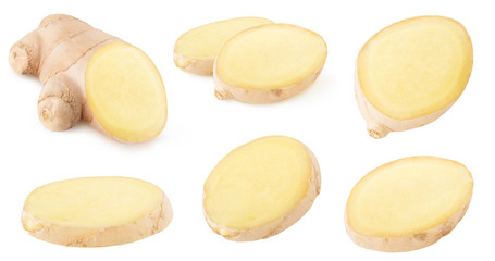 Fototapete - Isolated ginger collection. Pieces of raw ginger root isolated on white background with clipping path