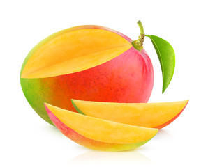 Leinwandbilder - Isolated mango. One mango fruit with cut out slices isolated on white background with clipping path