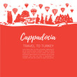 Cappadocia. Travel to Turkey. Vector square illustration of a famous turkish travel destination. Red square background with panoramic skyline silhouettes with place for your text and information. 