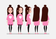 Beautiful Young Girl Character Turnaround. Girl With Long Dark Hair In Pink T-shirt. Animation Character Design
