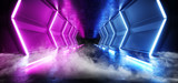 Fototapeta Do przedpokoju - Smoke Fog Futuristic Sci FI Alien Spaceship Neon Laser Led Blue Purple Glowing Tunnel Metal Reflection Grunge Concrete Floor Wet Gate Virtual Reality Fluorescent  Vibrant Hall Corridor 3D Rendering