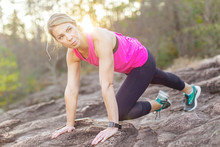 Woman Exercising In Natural Setting, Moss Rock Preserve, Hoover, Alabama, USA