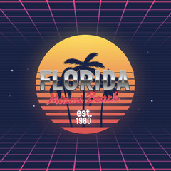 Wall Mural - florida retro futuristic glow logo. 80's style beach palm and retro sun. vector print for t-shirt, t