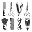 © Denys Holovatiuk - Vintage barber shop set items. Barbershop  equipments. Barber pole, Razor blade, hair clipper, scissors, comb, straight razor. retro barber elements isolated on white background. Vector illustration