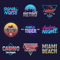 Wall Mural - set of retro outrun neon logos. neon logo designs. 9 vector retro 80's logos set. retro prints for t