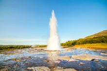 A Landscape With Geysir, One Of The Biggest Attraction Of Iceland