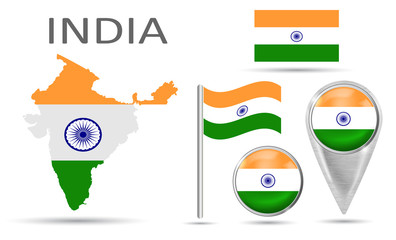 Canvas Print - Collection Flag INDIA. National flag, map pointer, button,symbol, flat icon and map of INDIA in the colors of the national flag.Vector illustration of collection of national symbols on various objects