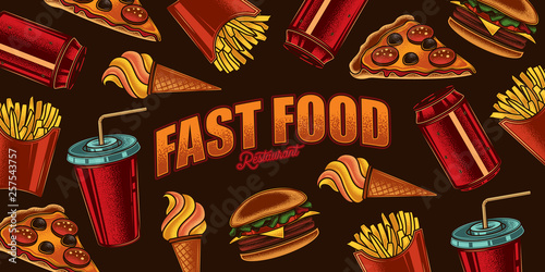 Original Fast Food Restaurant Banner In Vintage Style On Dark