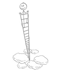 Poster - Cartoon stick figure drawing conceptual illustration of smiling happy man or businessman looking around from the top of very high ladder. Business concept of success.