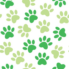 Paw Green Print Seamless. Vector Illustration Animal Paw Track Pattern. Backdrop With Silhouettes Of Cat Or Dog Footprint.