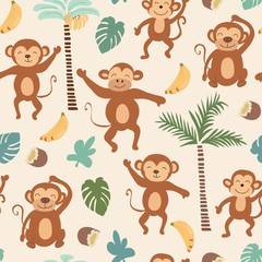 Wall Mural - childish jungle texture with monkeys and jungle elements. seamless pattern vector illustration