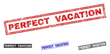 Grunge PERFECT VACATION Rectangle Stamp Seals Isolated On A White Background. Rectangular Seals With Grunge Texture In Red, Blue, Black And Grey Colors.