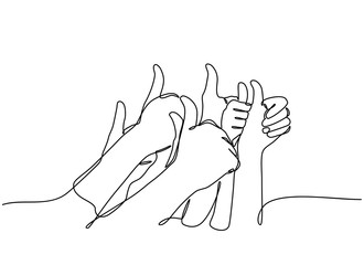 continuous line drawing gives an expression of success. praise for success. Many people congratulate a winner and holding their thumbs up isolated on white background