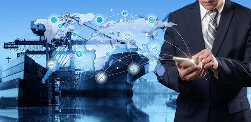 World map with logistic network distribution, Logistic and transport concept in front Industrial Container Cargo freight ship for Concept of fast or instant shipping, Online goods orders worldwide