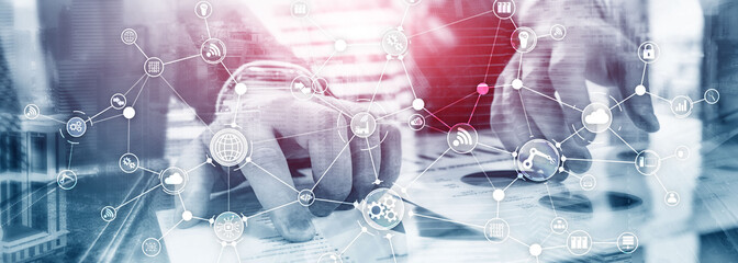 Wall Mural - technology industrial business process workflow organisation structure on virtual screen. iot smart 