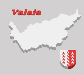 Wall Mural - 3D Map outline and Coat of arms of Wallis, The canton of Switzerland.